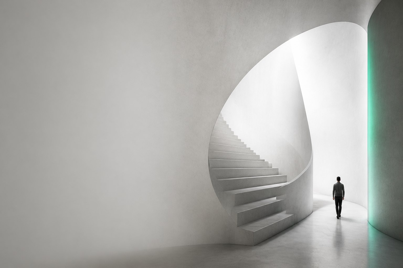 Espacio arquitectónico claro con una figura humana de escala.